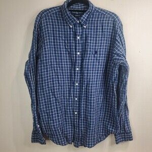 Ralph Lauren Polo Shirt Mens Large Classic Fit Linen Blend Plaid size xl